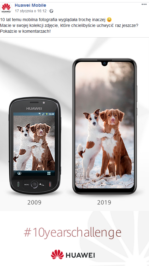 posty na fb huawei, modele telefonu z 2009 i 2019 roku, na ekranach zdjęcia psów