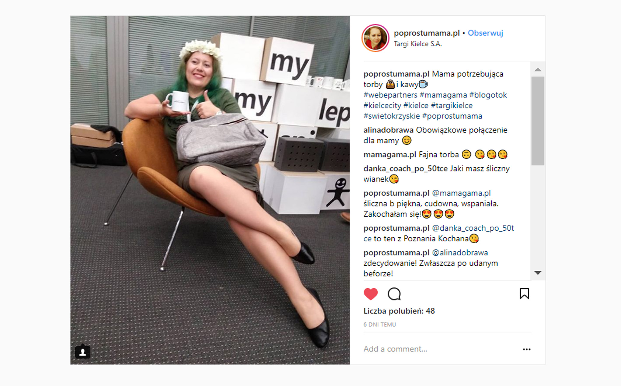 blogerka poprostumama pozująca z krzesłem ze sklepu meblowiec screenshot z instagrama